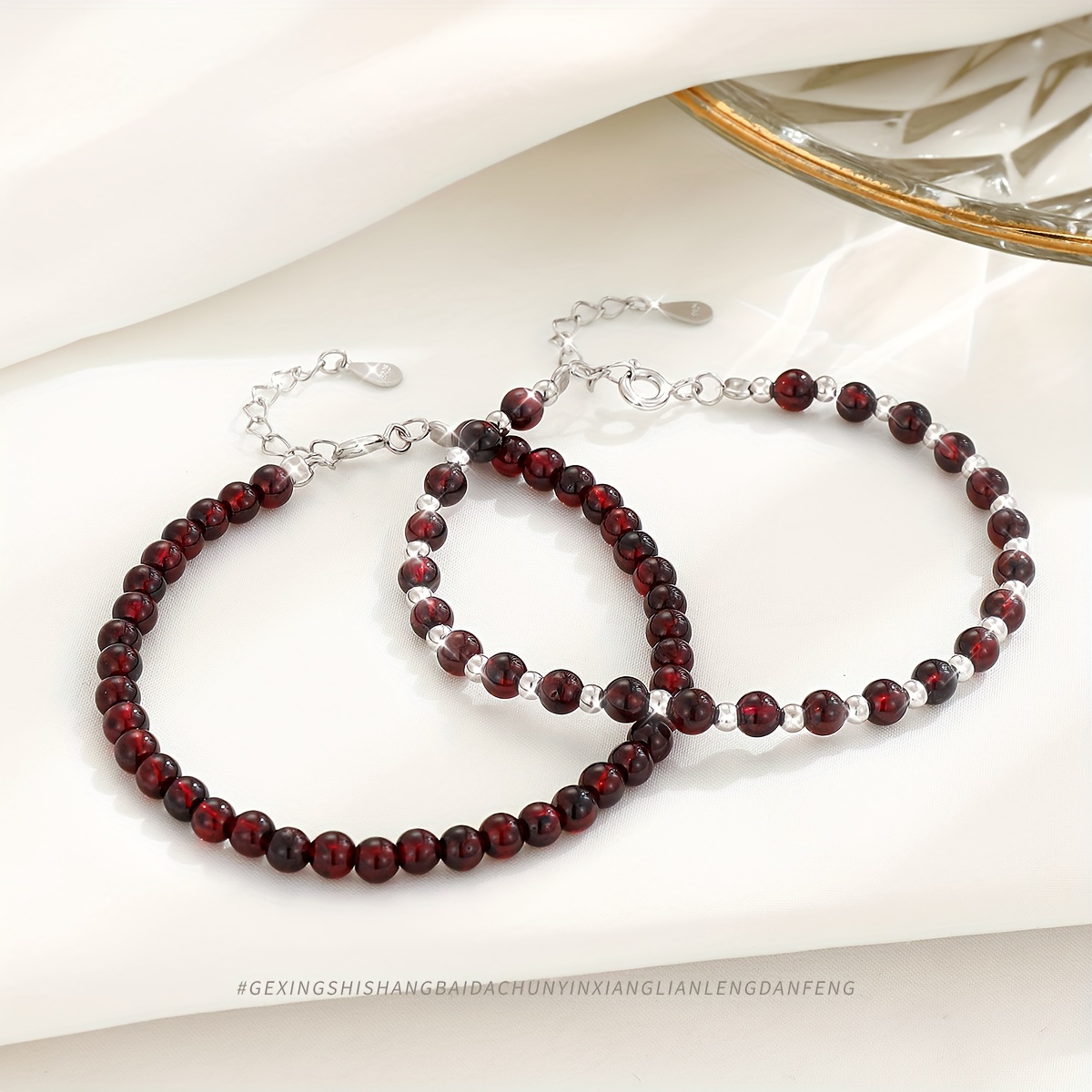 Sterling Silver Garnet Bead Bracelet - Adjustable Round Bracelet